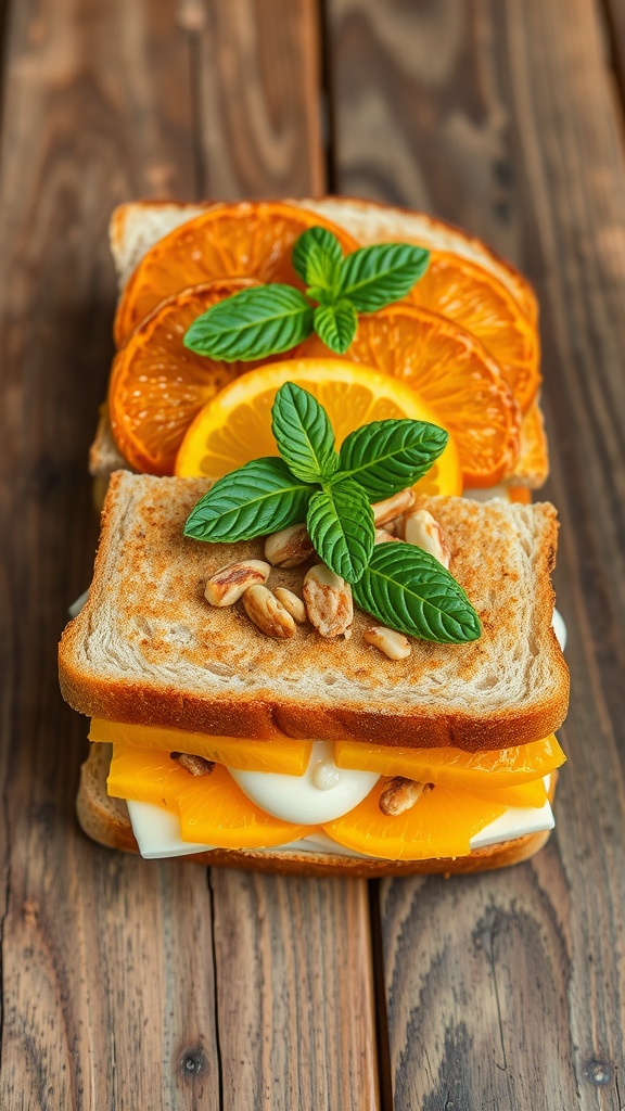 A zesty orange sandwich with cream cheese and nuts, cut in half, on a wooden table with mint garnish.